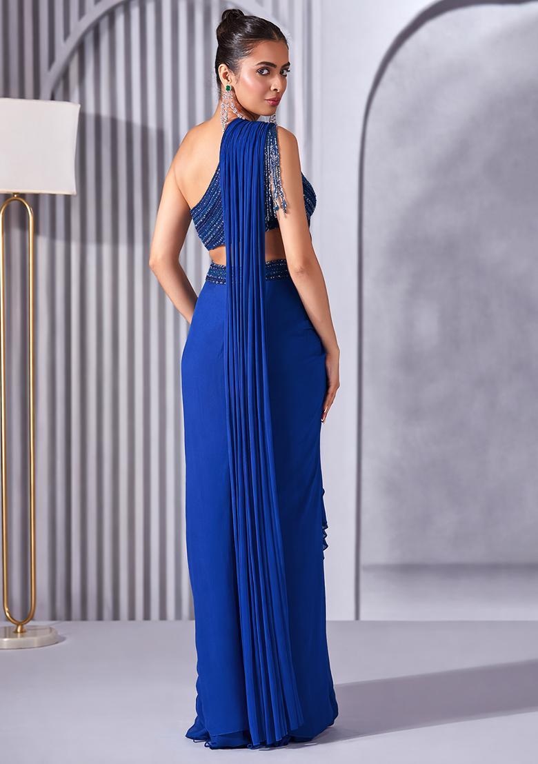 Bright Blue Hand Work Embellished Pre Draped Saree Set - Indya