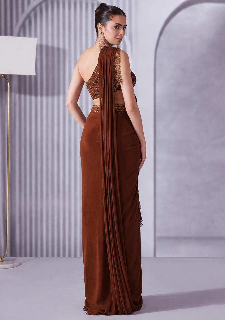 Brown Hand Work Embellished Pre Draped Saree Set - Indya