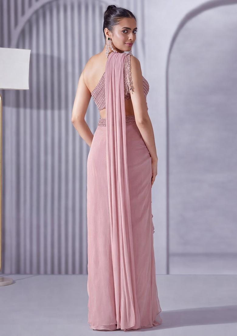 Blush Pink Hand Work Embellished Pre Draped Saree Set - Indya