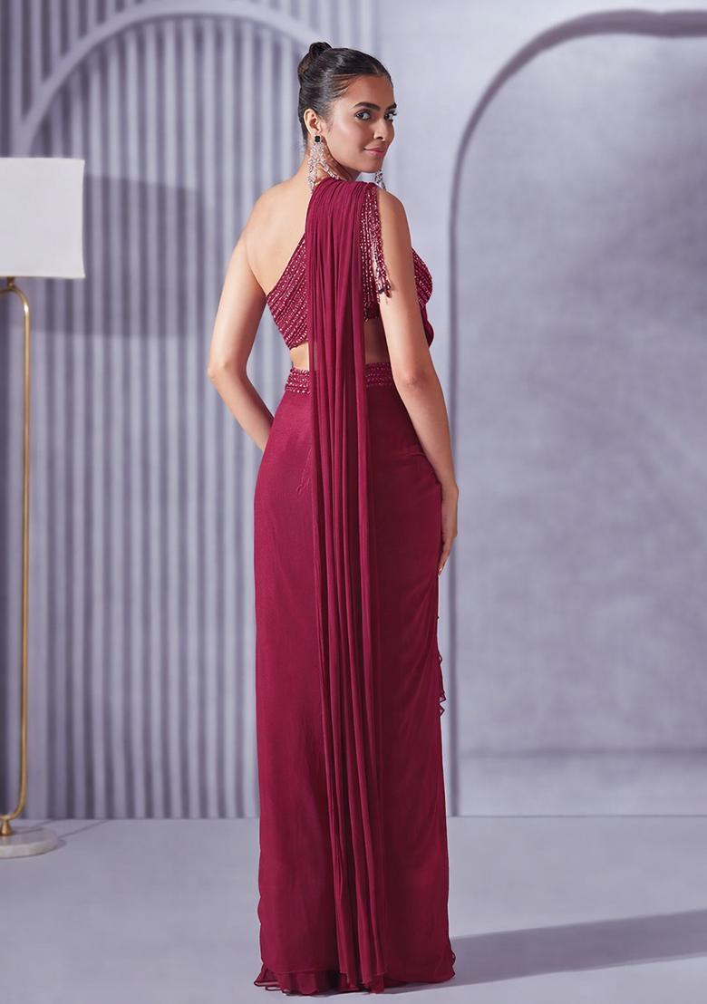 Cherry Red Hand Work Embellished Pre Draped Saree Set - Indya
