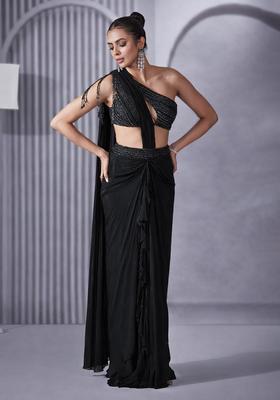 Dark Brown Hand Work Embellished Pre Draped Saree Set