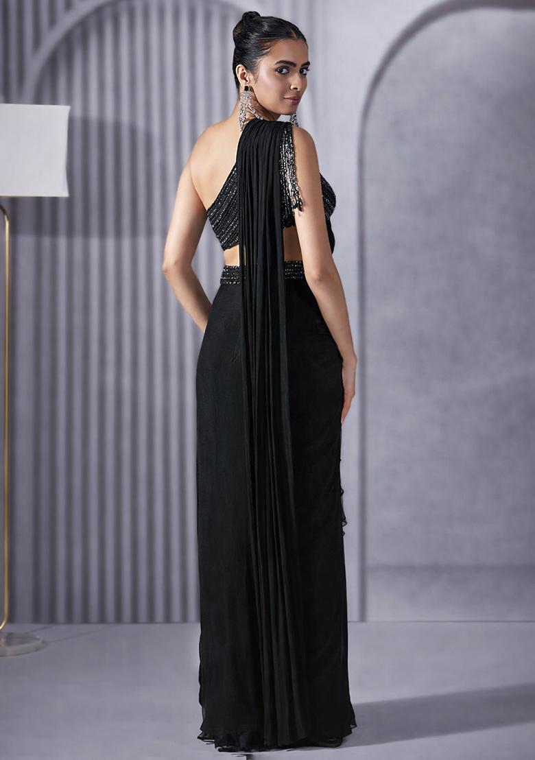 Dark Brown Hand Work Embellished Pre Draped Saree Set - Indya