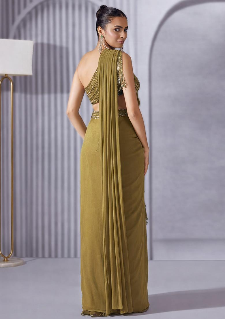 Olive Green Hand Work Embellished Pre Draped Saree Set - Indya