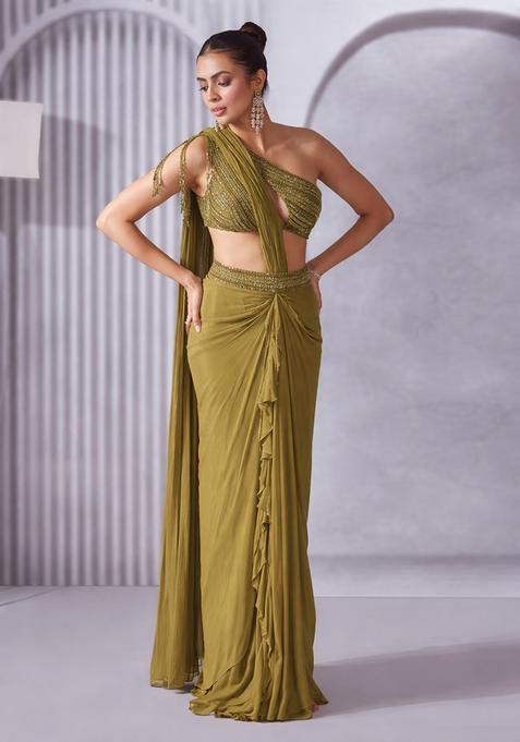 Olive Green Hand Work Embellished Pre Draped Saree Set