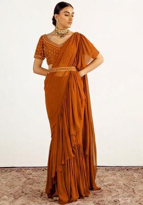 Burnt Orange Hand Work Embellished Pre Draped Saree Set