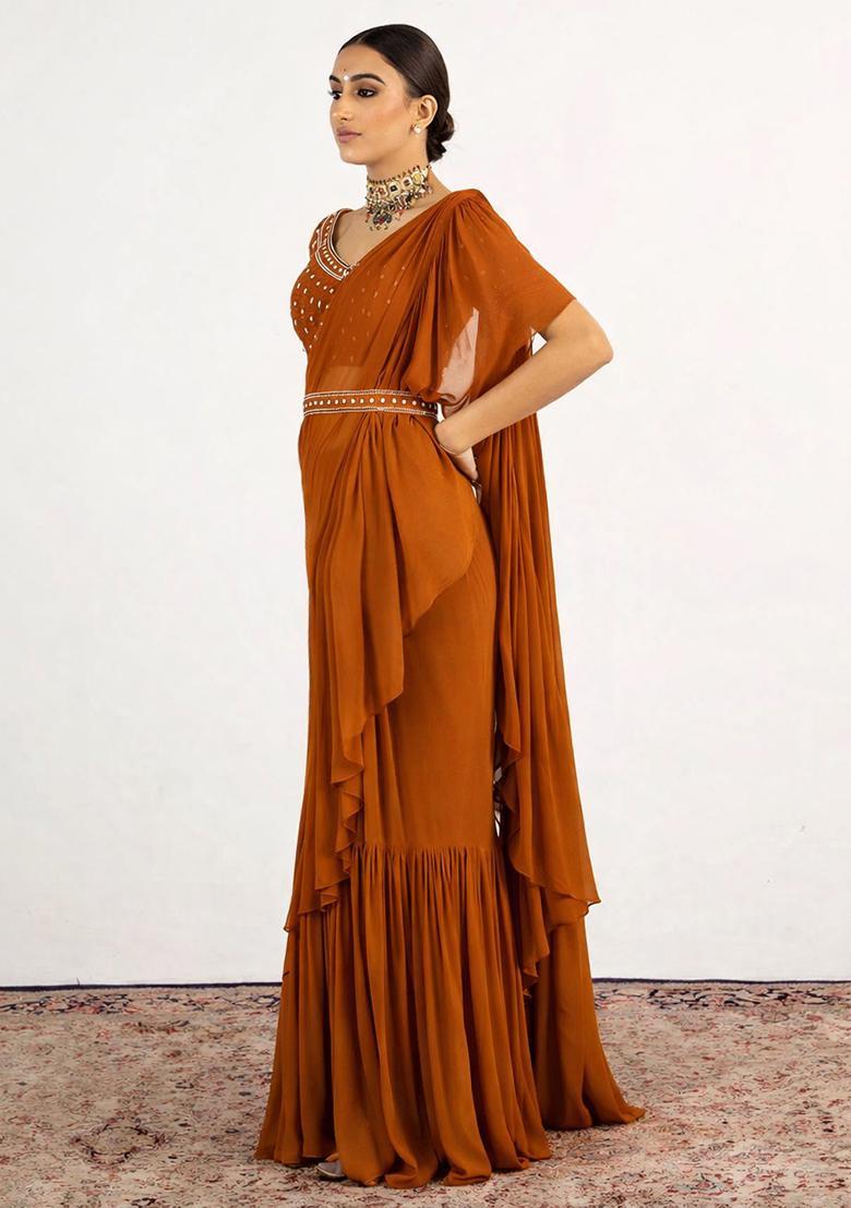 Burnt Orange Hand Work Embellished Pre Draped Saree Set - Indya