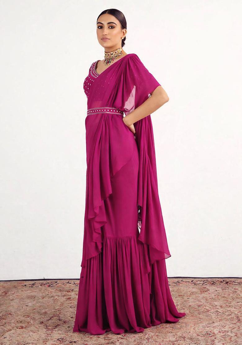 Pink Hand Work Embellished Pre Draped Saree Set - Indya