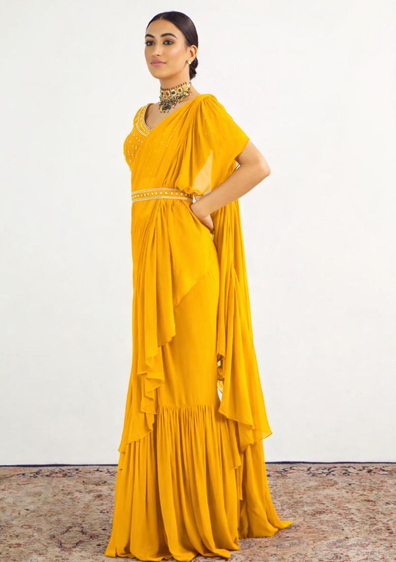 Lime Green Hand Work Embellished Pre Draped Saree Set - Indya