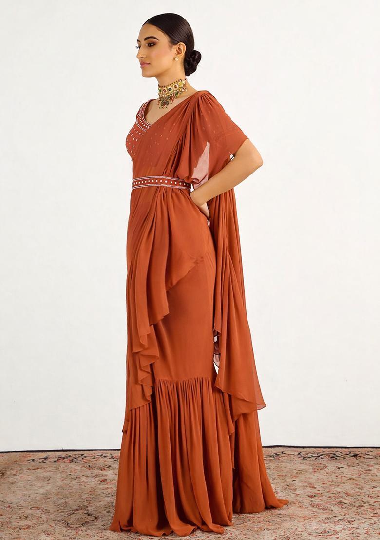 Warm Brown Hand Work Embellished Pre Draped Saree Set - Indya