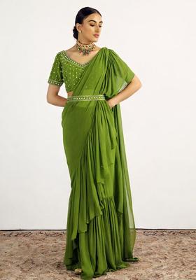 Lime Green Hand Work Embellished Pre Draped Saree Set