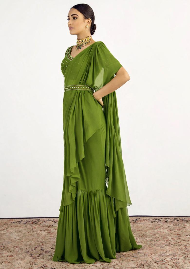 Lime Green Hand Work Embellished Pre Draped Saree Set - Indya