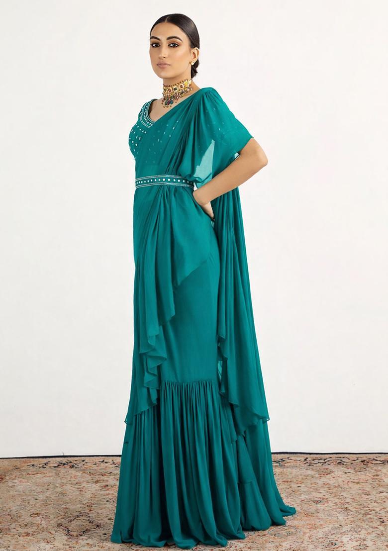 Teal Green Hand Work Embellished Pre Draped Saree Set - Indya