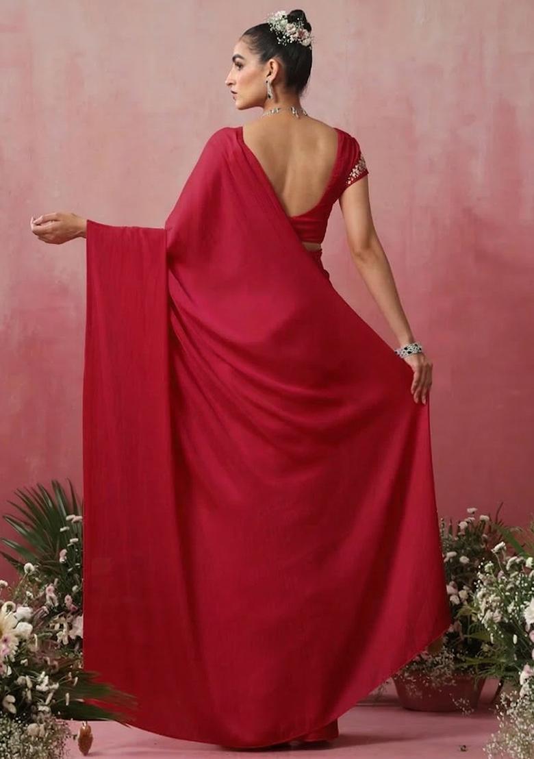 Deep Red Hand Work Embroidered Pre Draped Saree Set - Indya
