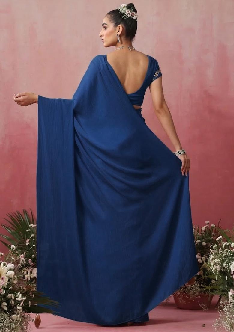 Royal Blue Hand Work Embroidered Pre Draped Saree Set - Indya