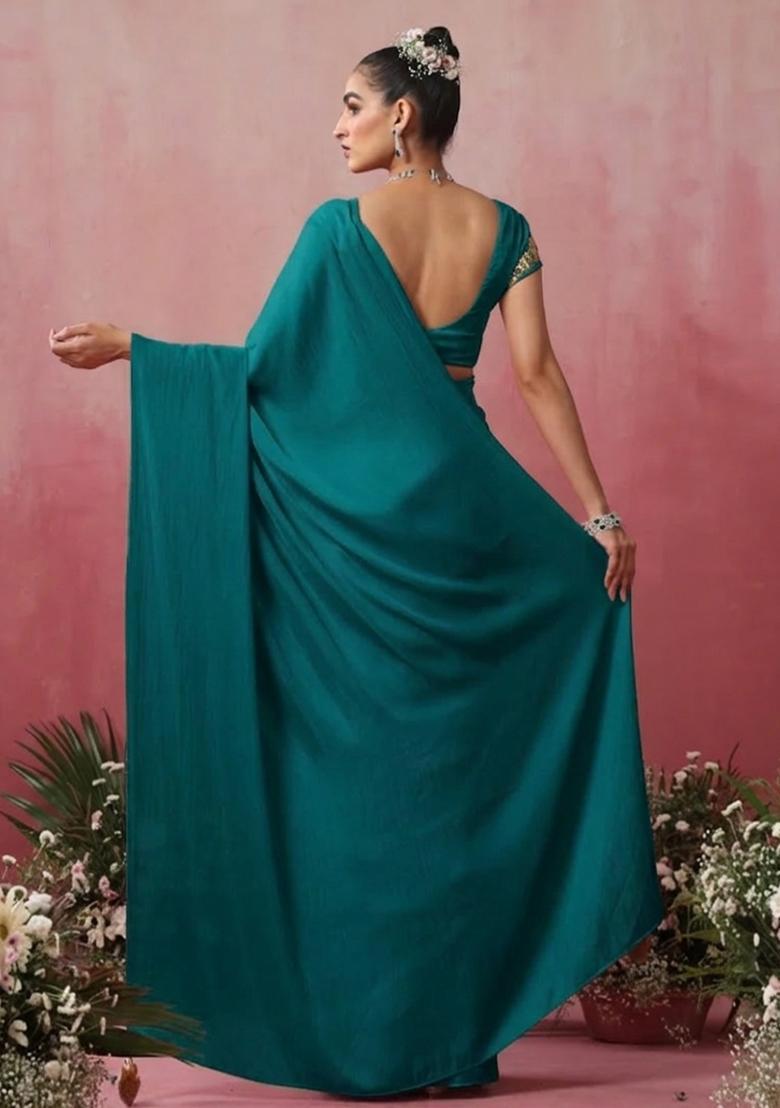 Ocean Blue Hand Work Embroidered Pre Draped Saree Set - Indya