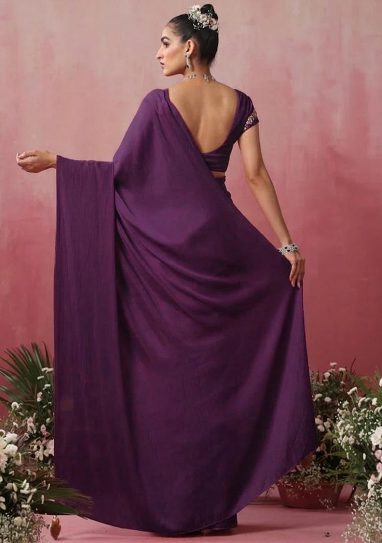 Plum Hand Work Embroidered Pre Draped Saree Set - Indya