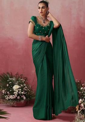 Dark Green Hand Work Embroidered Pre Draped Saree Set