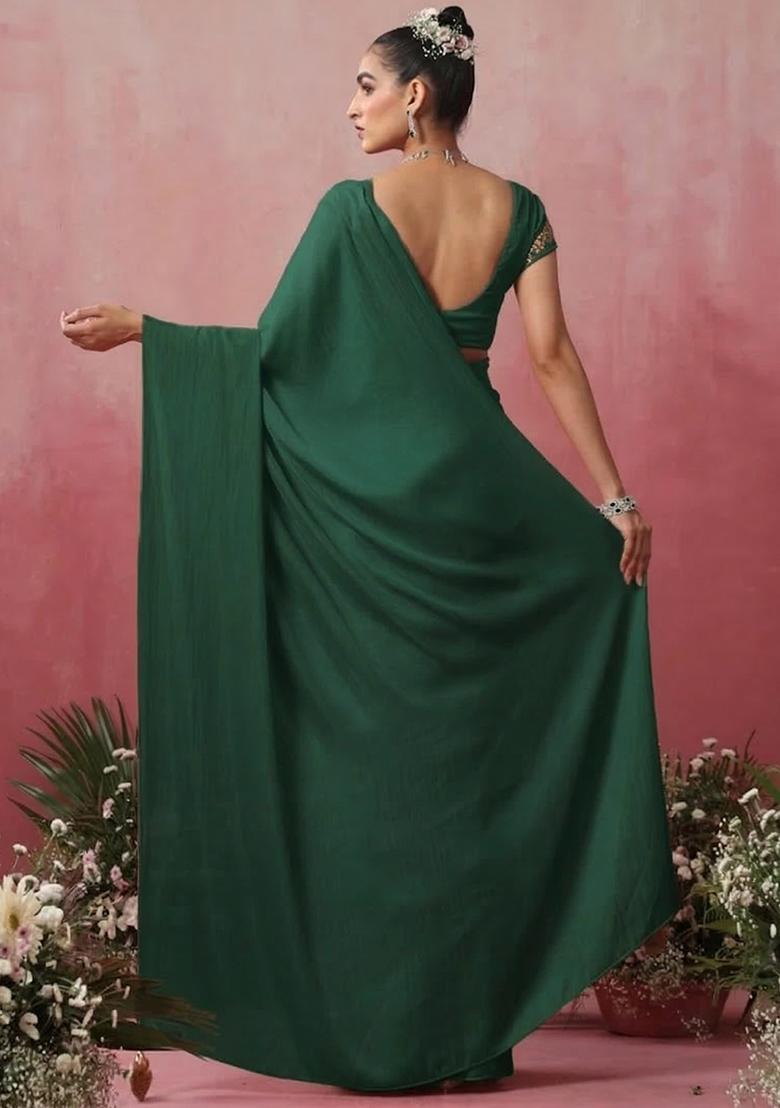 Dark Green Hand Work Embroidered Pre Draped Saree Set - Indya