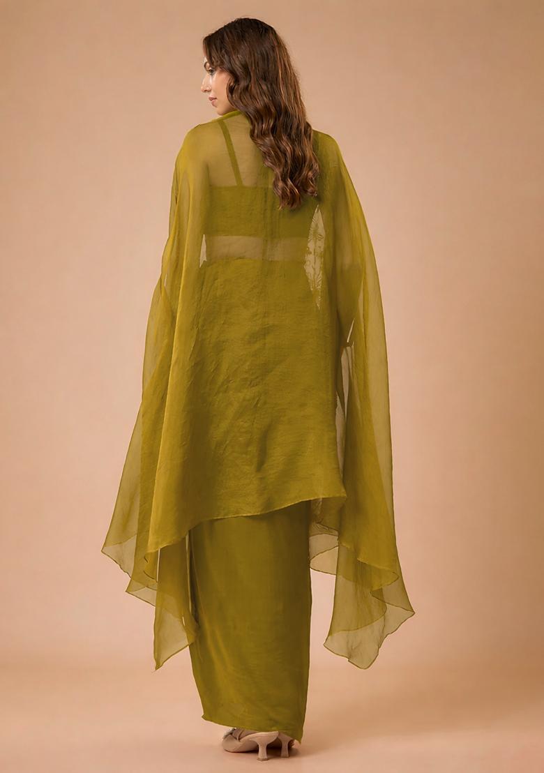 Olive Green Crepe Handwork Fusion Set - Indya