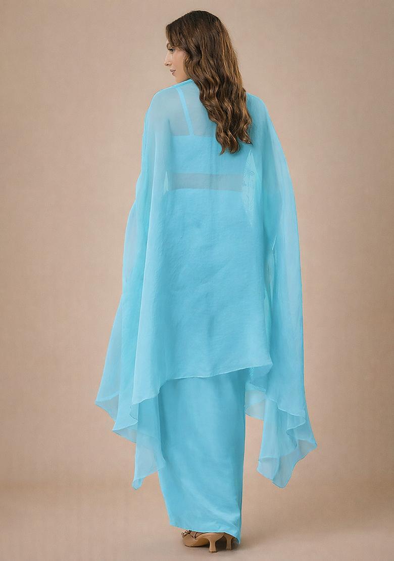 Sky Blue Crepe Handwork Fusion Set - Indya