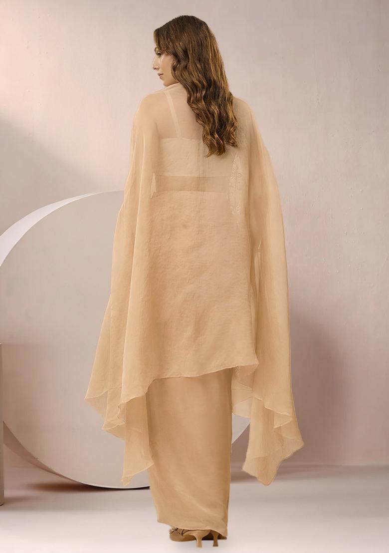 Beige Crepe Handwork Fusion Set - Indya
