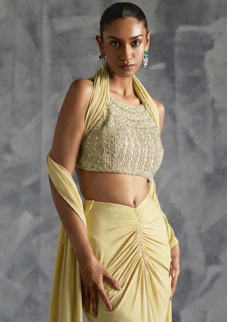 Pastel Yellow Crepe Handwork Fusion Set - Indya