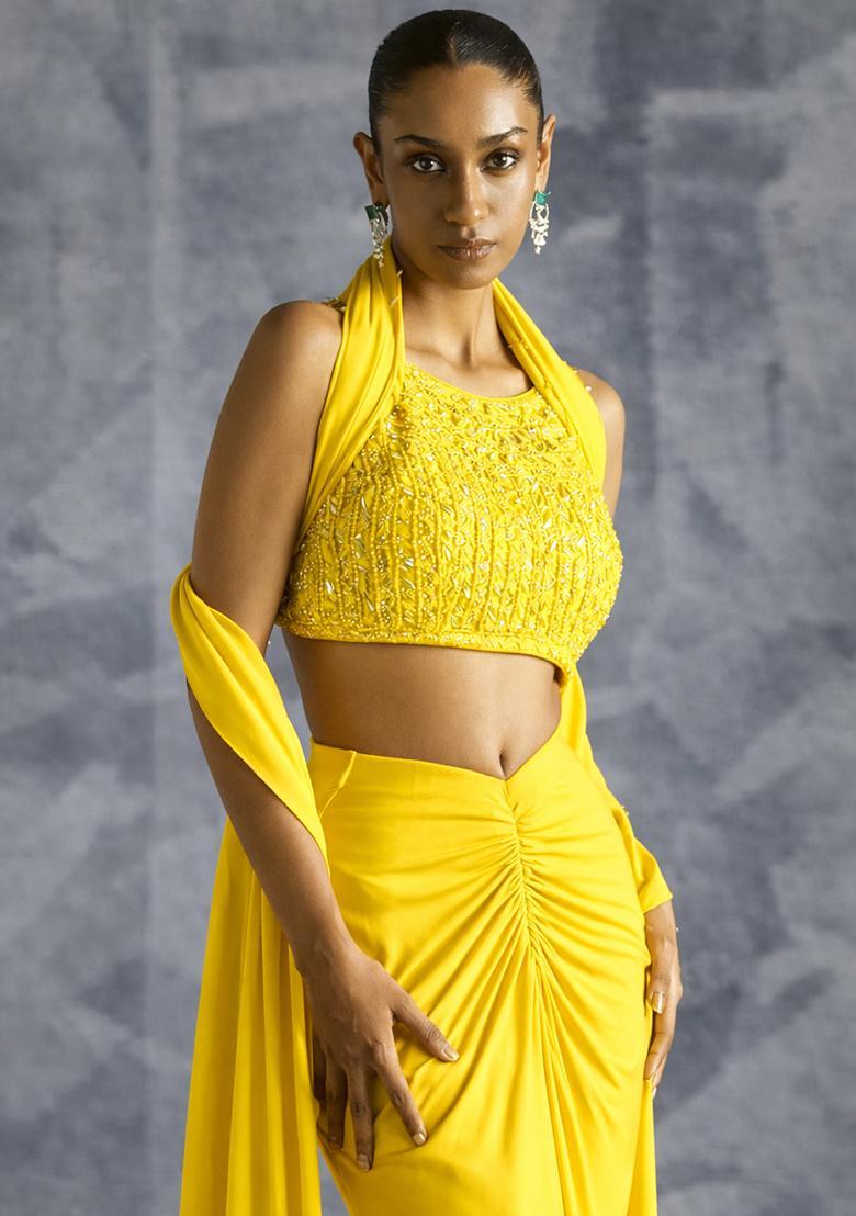 Yellow Crepe Handwork Fusion Set - Indya