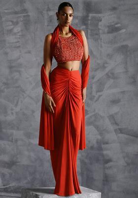 Bright Red Crepe Handwork Fusion Set