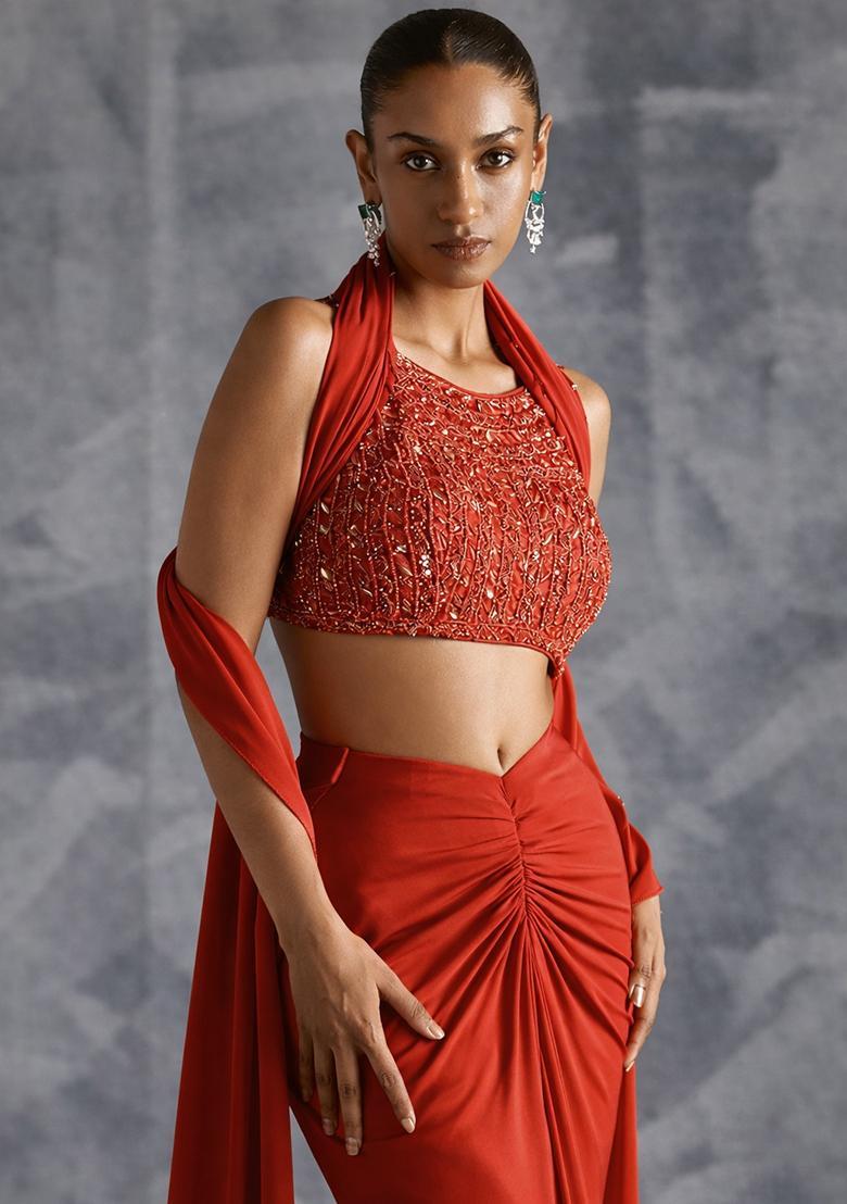 Bright Red Crepe Handwork Fusion Set - Indya