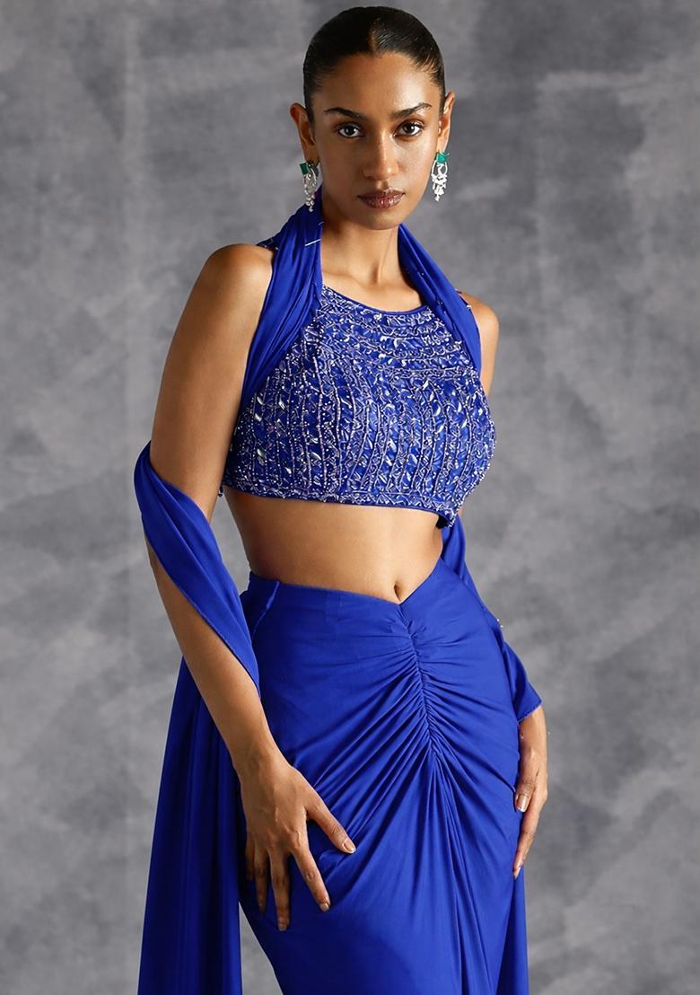 Royal Blue Crepe Handwork Fusion Set - Indya