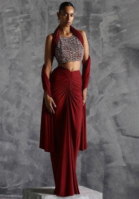 Maroon Crepe Handwork Fusion Set