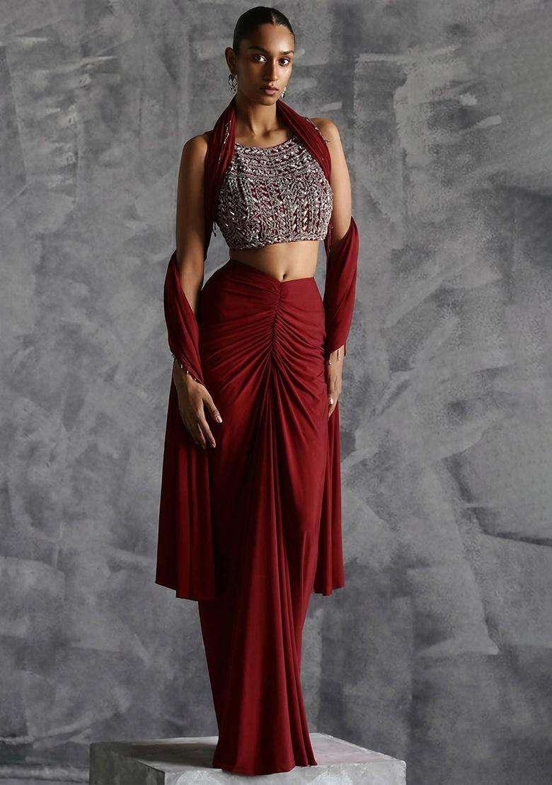 Maroon Crepe Handwork Fusion Set - Indya