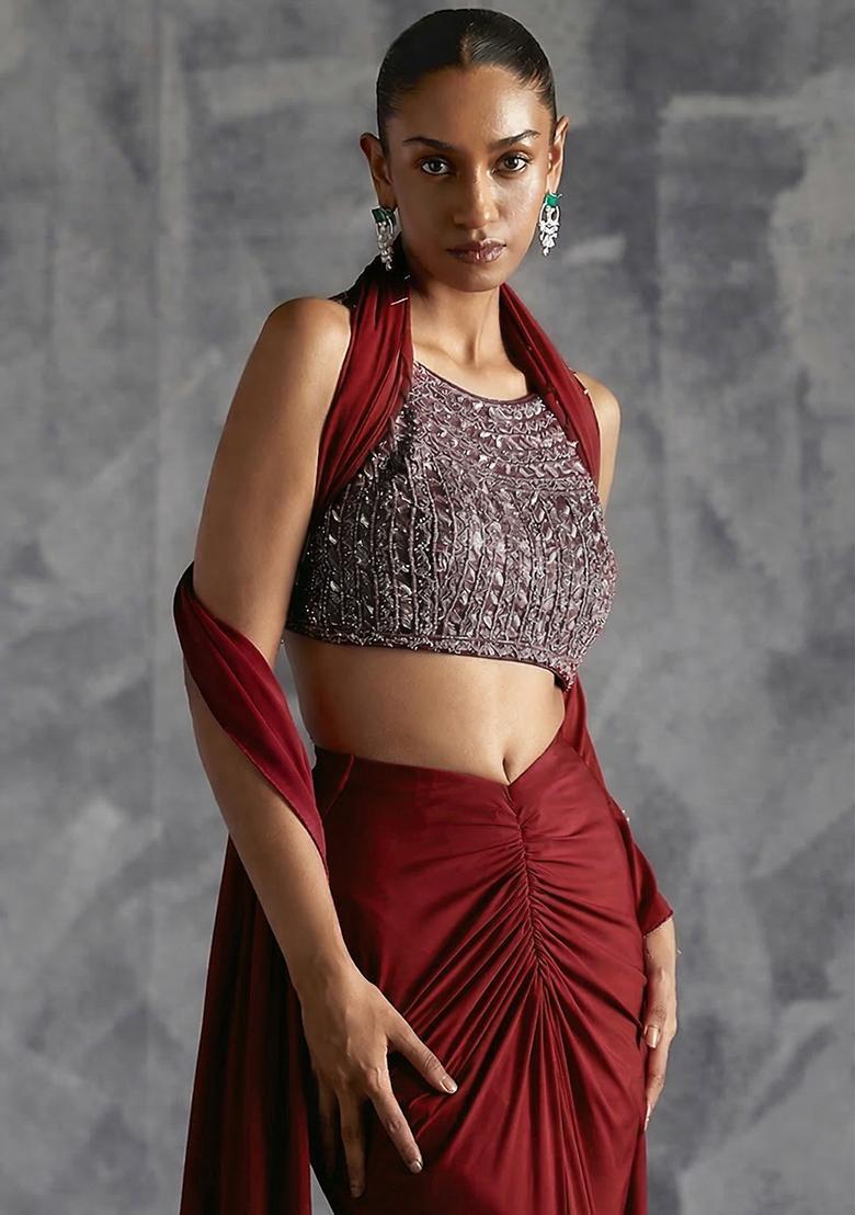 Maroon Crepe Handwork Fusion Set - Indya