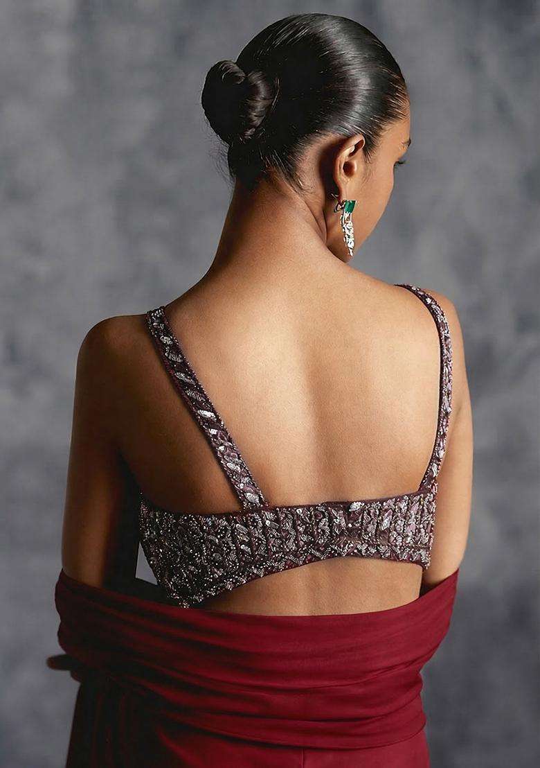 Maroon Crepe Handwork Fusion Set - Indya
