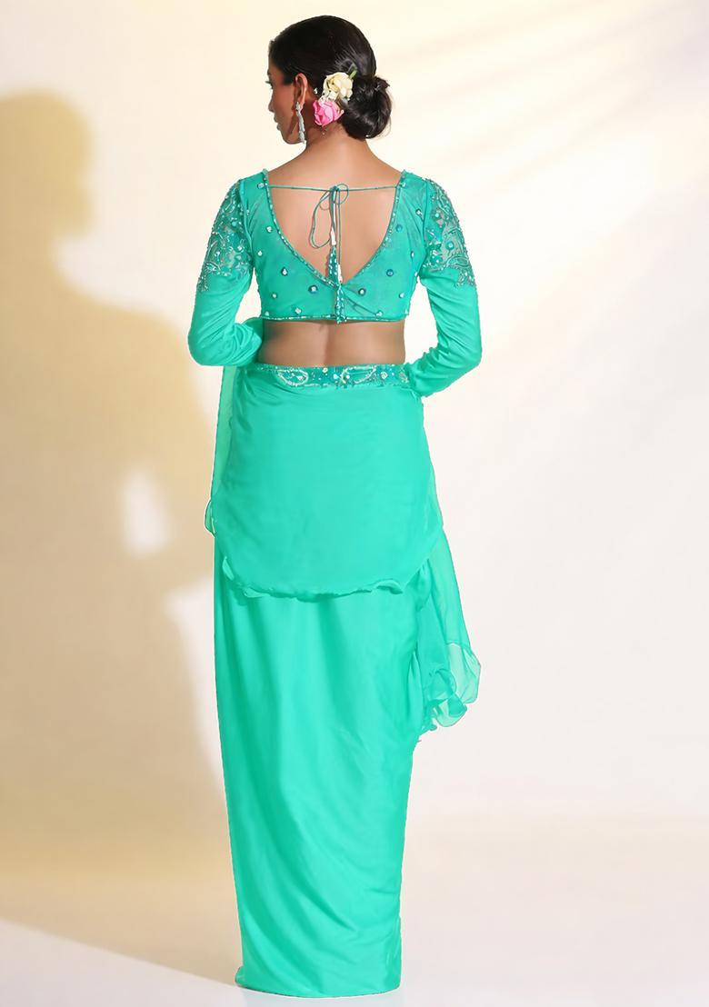 Sea Green Satin Handwork Fusion Set - Indya