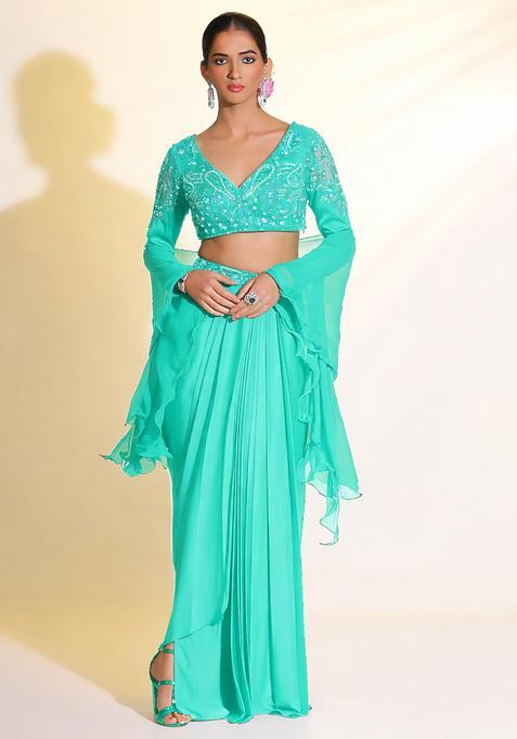 Sea Green Satin Handwork Fusion Set