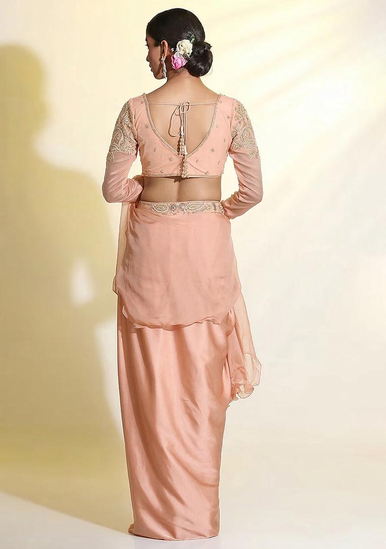 Light Pink Satin Handwork Fusion Set - Indya