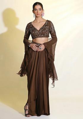 Brown Satin Handwork Fusion Set