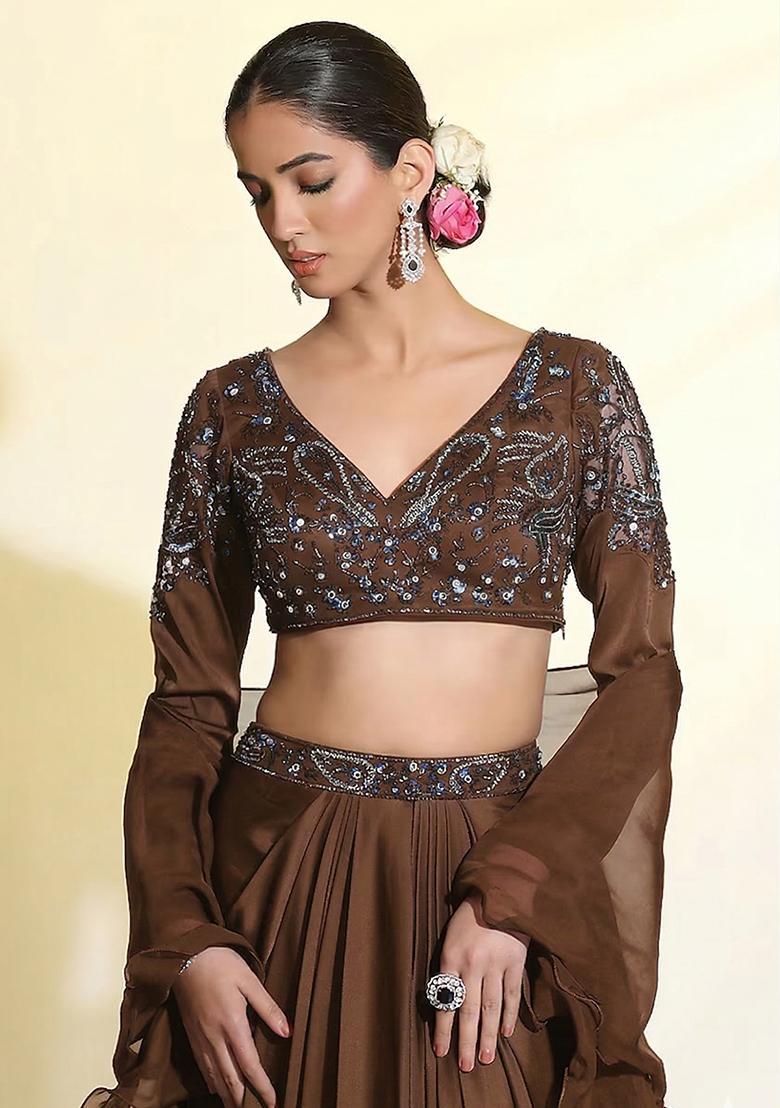 Brown Satin Handwork Fusion Set - Indya