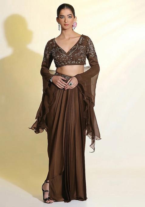 Brown Satin Handwork Fusion Set