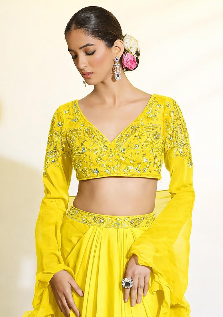 Yellow Satin Handwork Fusion Set - Indya