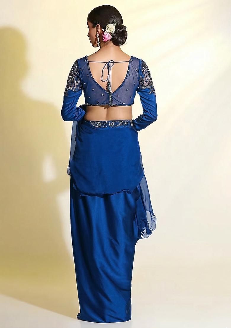 Royal Blue Satin Handwork Fusion Set - Indya