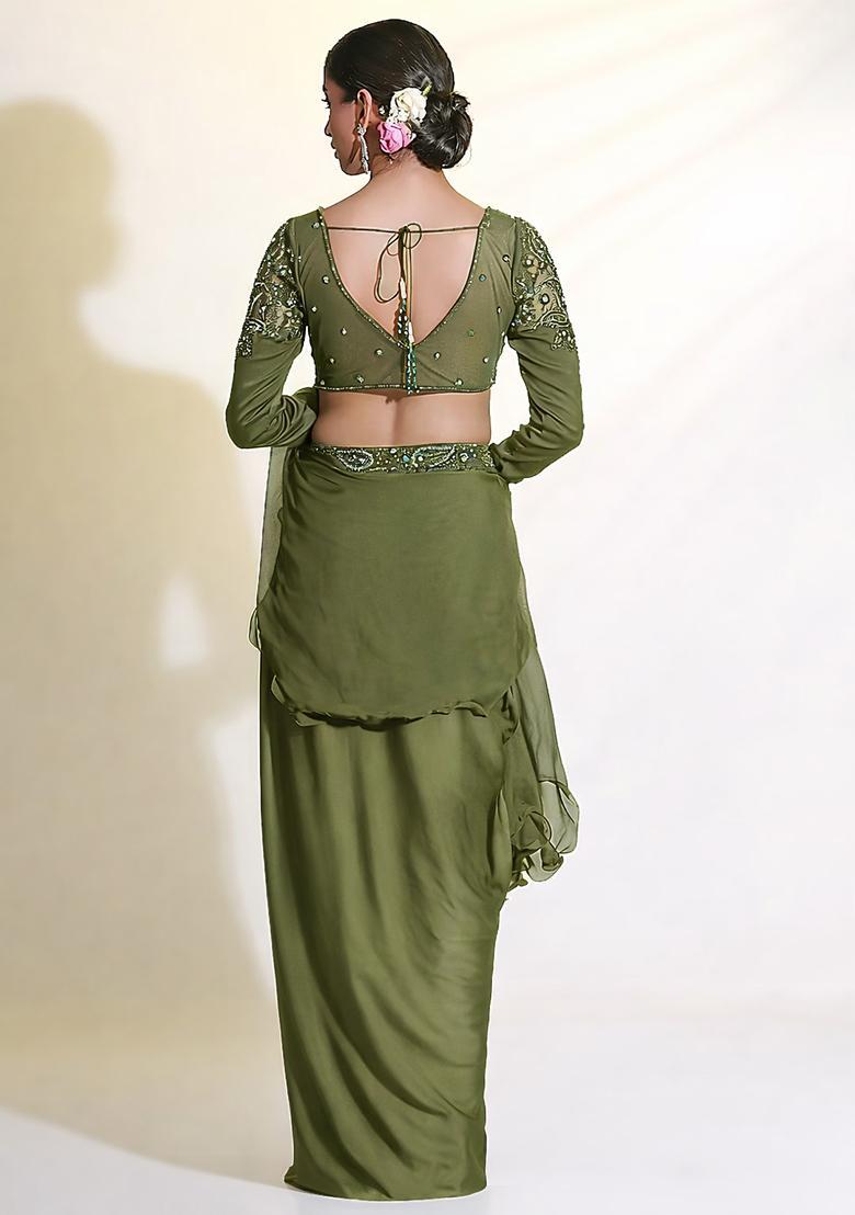 Olive Green Satin Handwork Fusion Set - Indya