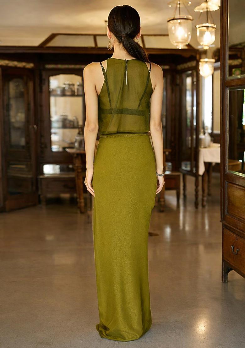 Olive Green Satin Handwork Fusion Set - Indya