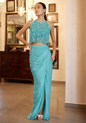 Sky Blue Satin Handwork Fusion Set