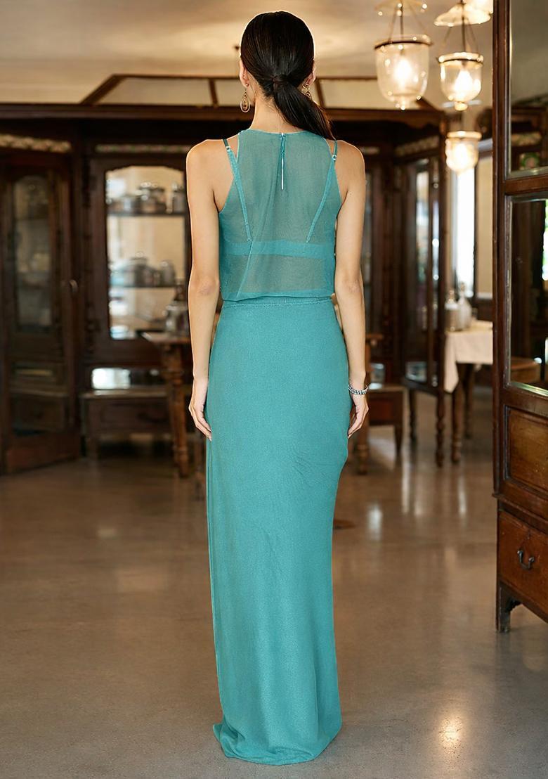 Sky Blue Satin Handwork Fusion Set - Indya