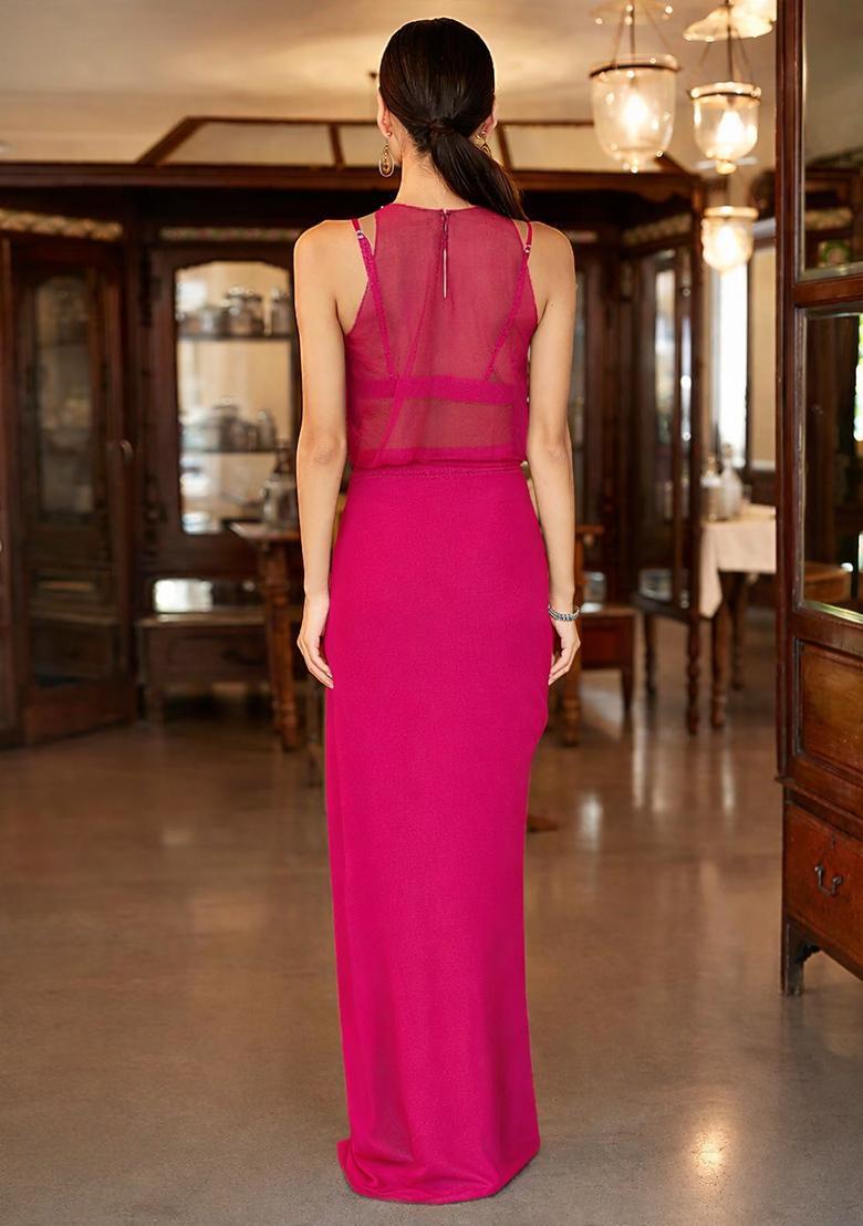 Hot Pink Satin Handwork Fusion Set - Indya