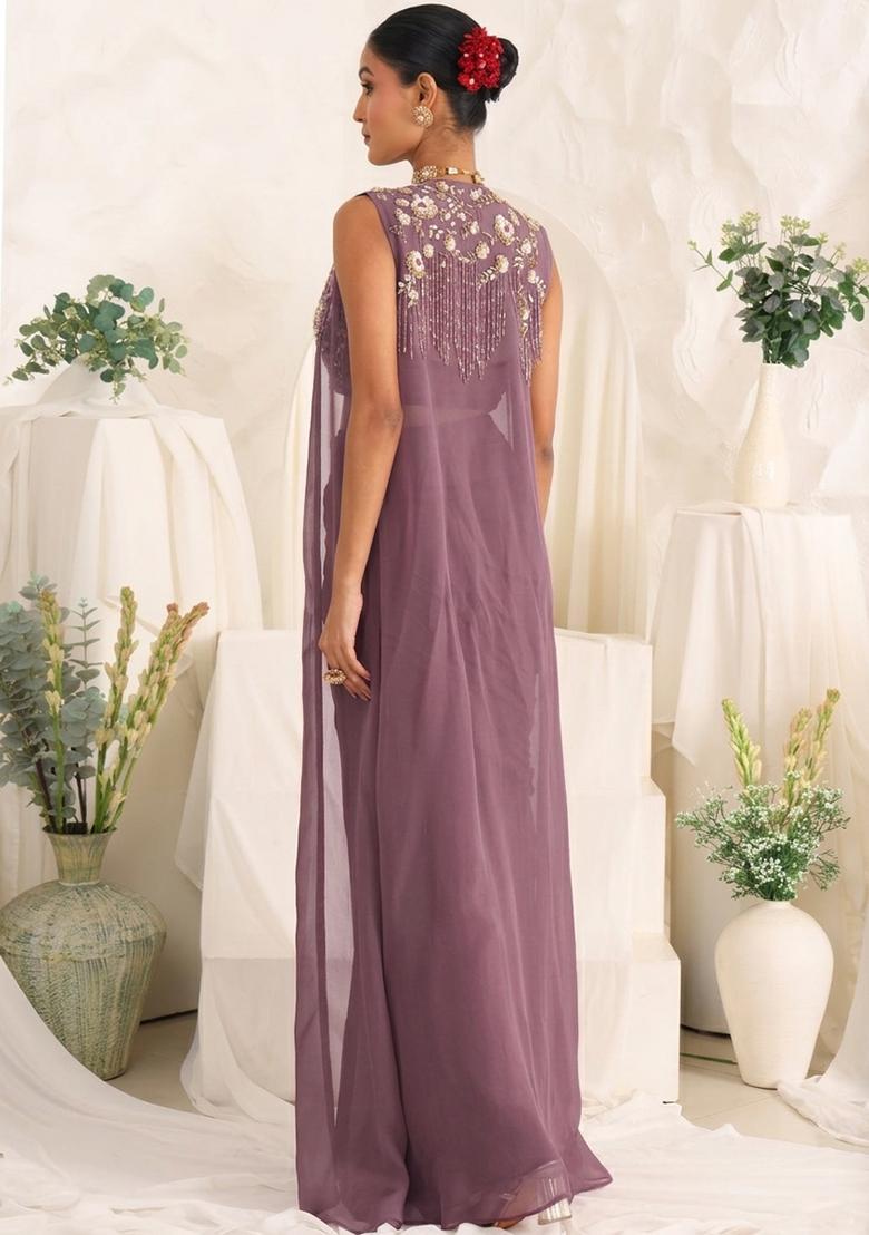 Mauve Georgette Handwork Fusion Set - Indya