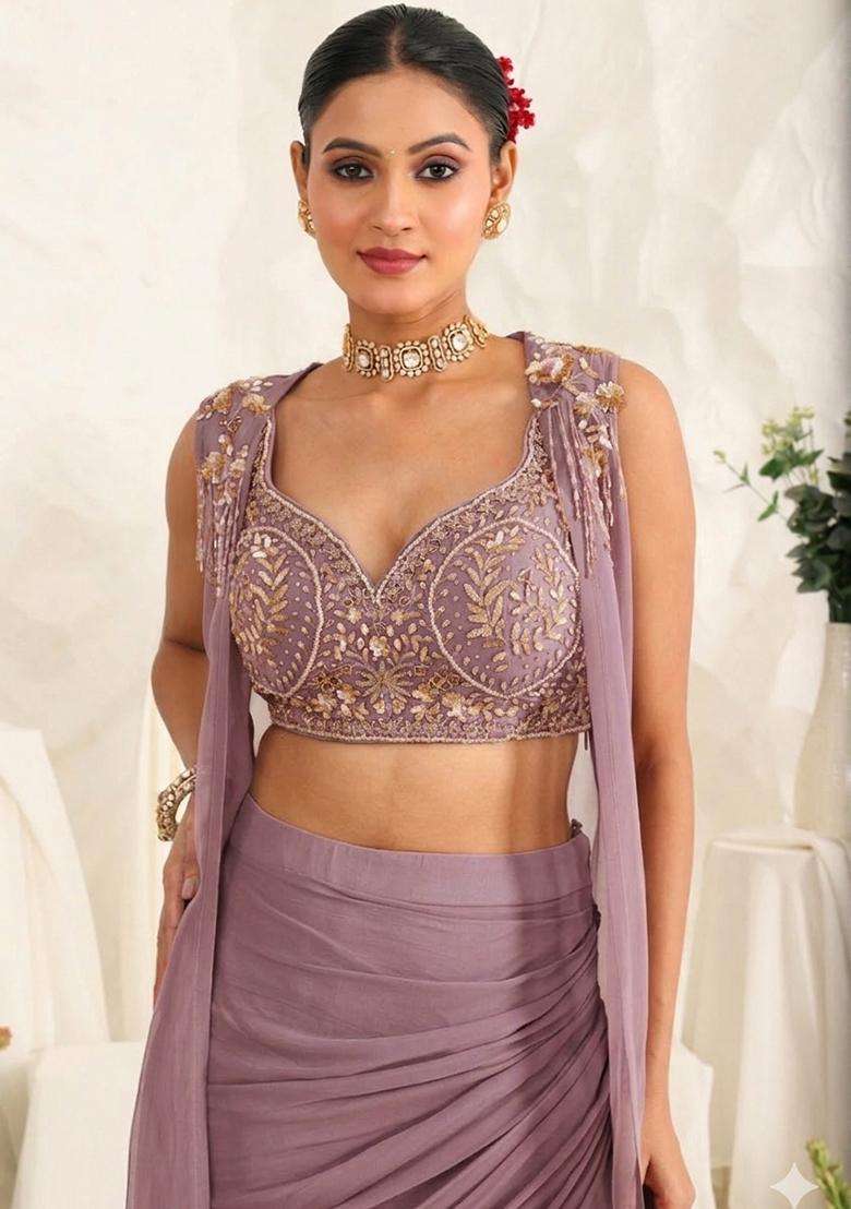 Mauve Georgette Handwork Fusion Set - Indya