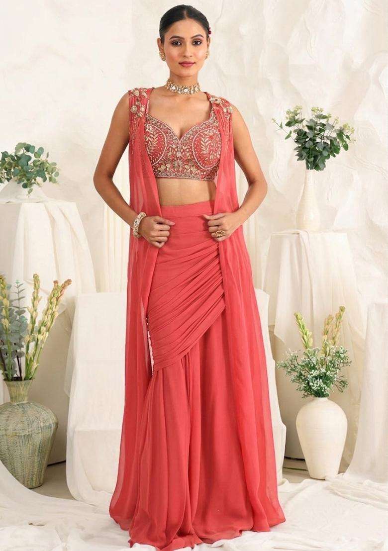 Peach Georgette Handwork Fusion Set - Indya